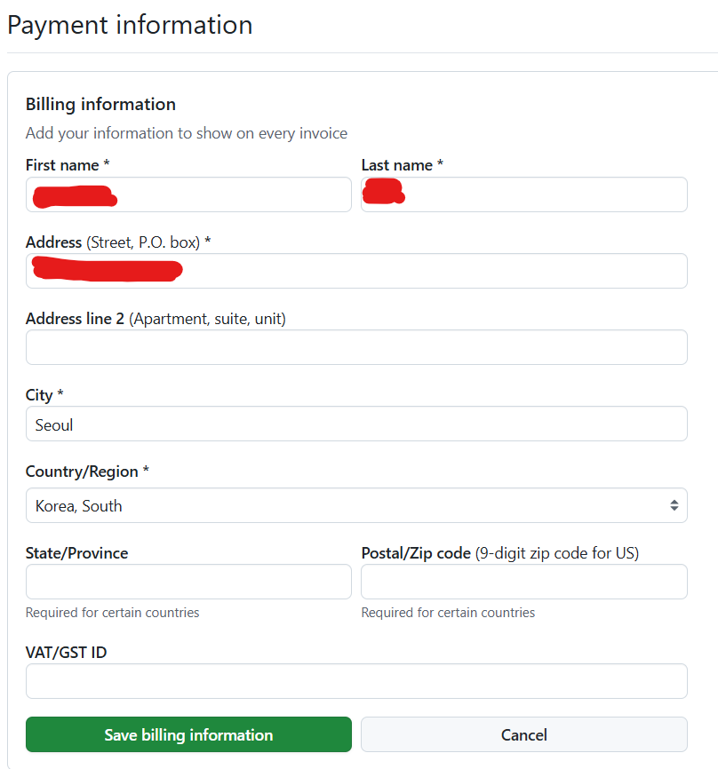 Payment information 입력