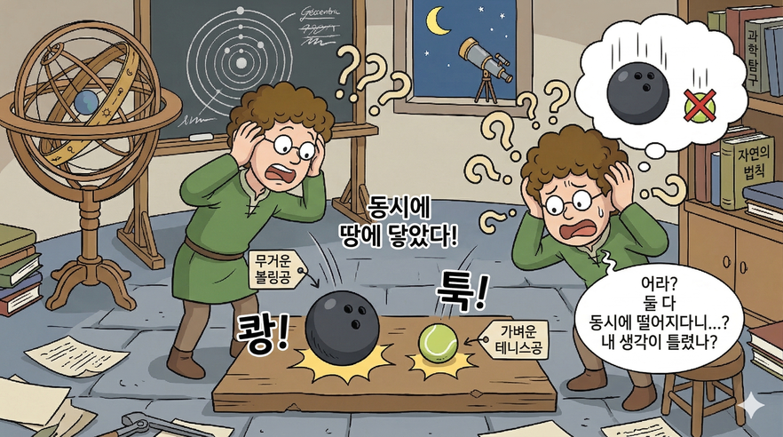 불만족 - 볼링공과 테니스공 동시 낙하 실험에 놀라는 학생
