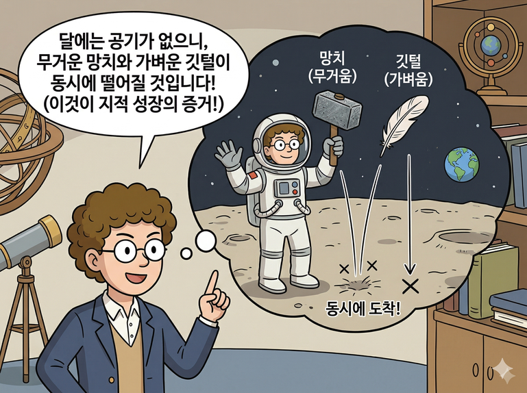 유용성 - 새로운 응용 문제(달에서의 깃털과 망치 낙하)를 맞추며 자신감에 찬 학생