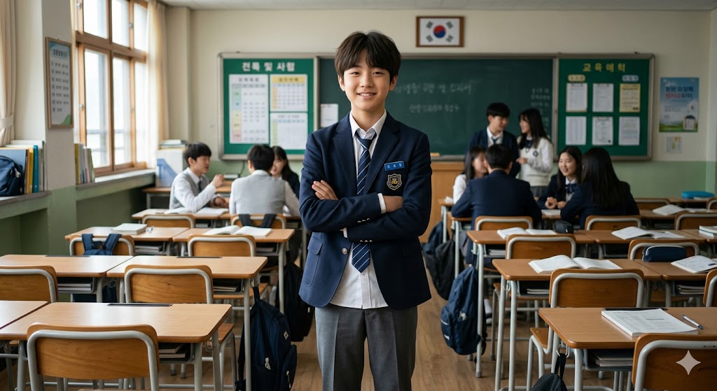 팔짱을 끼고 단호하지만 친절하게 웃는 중학생 튜터